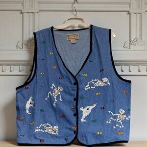 Tantrum Blues VTG Halloween Vest Embroidered 2X Ghosts Skeletons 100% Cotton